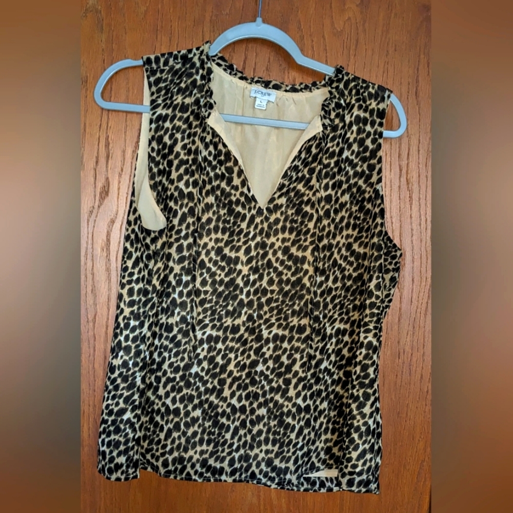 J.Crew Women's Ruffle Tie-Neck Sleeveless Top Animal‎ Leopard Print Feminin Sz L
